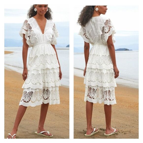Farm Rio Off-White Richelieu Tiered/Layerd Midi Dress - Picture 1 of 7